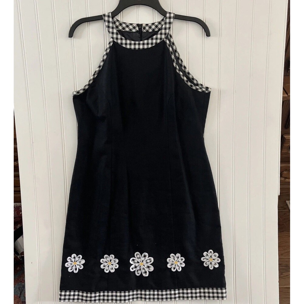 Jessica Howard Vintage Sleeveless Linen Blend Dress Daisy Appliqué B/W Trim Sz 8